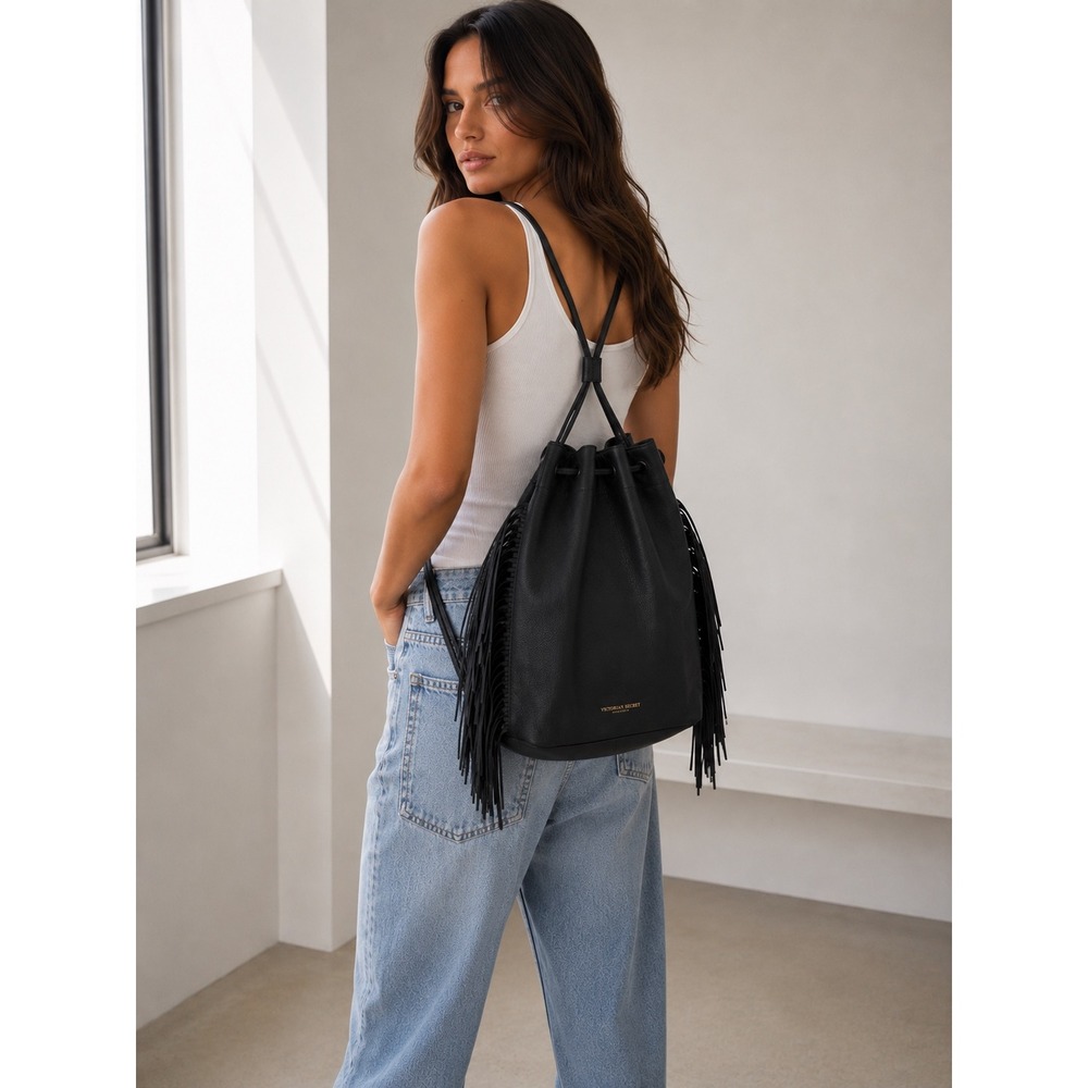 Victoria's Secret Black Pebbled Faux Leather Fringe Drawstring Backpack Western - Picture 1 of 12